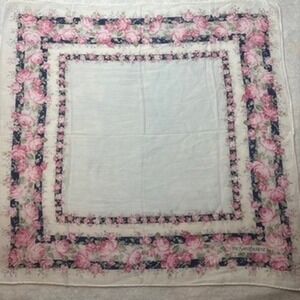 VTG YVES SAINT LAURENT Scarf Handkerchief Floral Rose Cotton White Pink 18.5in